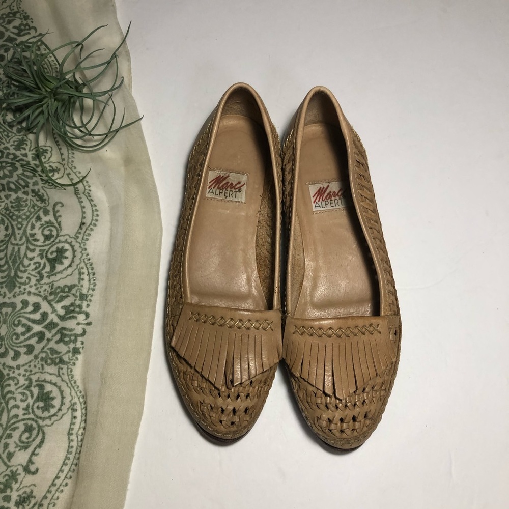 Vtg Marc Alpert Woven Leather Fringe Slip on Flats - Picture 4 of 8